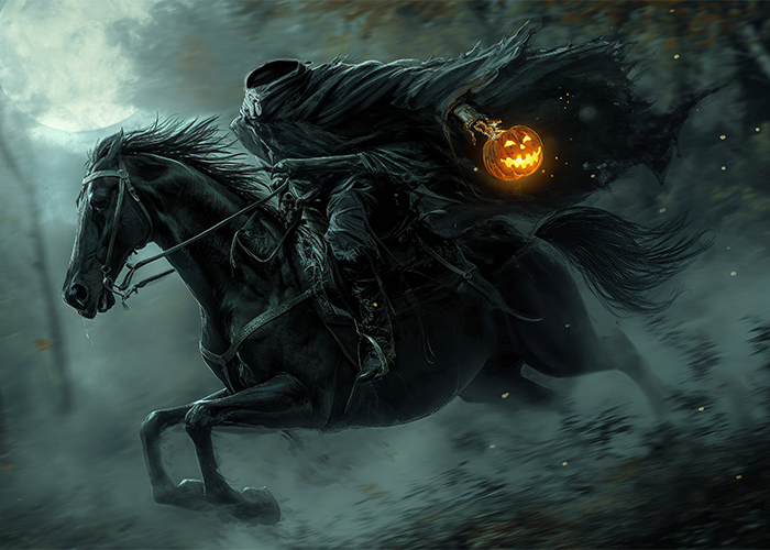 black horse with a headless person riding it dressed in all black while holding a glowing orange pumpkin through dark, foggy woods