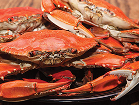 A detailed close-up of a cluster of crabs, highlighting their textured shells and claws and bright red coloring.