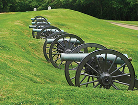 Several cannons in Vicksburg National Park with two large wheels line a grassy area with a forest of trees behind them.