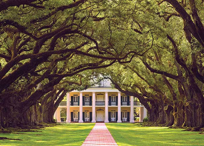 A historic plantation in Louisiana, Oak Alley Plantation, has two story pillars on all sides, grand porches, and is set amongst beautiful grounds and gardens with a red brick pathway with large oak trees on each side leading to the front door. 