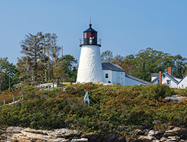 Pemaquid Point Lighthouse, a small white lighthouse with a black top and a white house surrounded by tall trees with green and brown leaves behind it in Bristol.