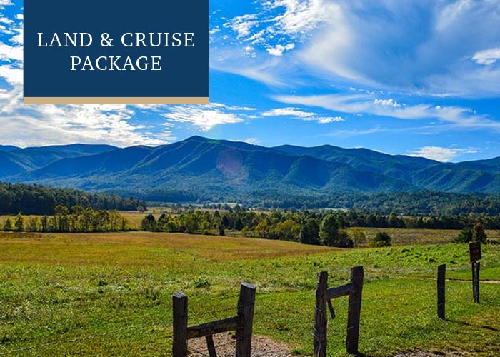 A view of the Great Smoky Mountains and the flatland below with several trees, accompanied by a bright yet cloudy sky. In the top left corner, there is a text overlay on a blue box that reads "Land & Cruise Package".