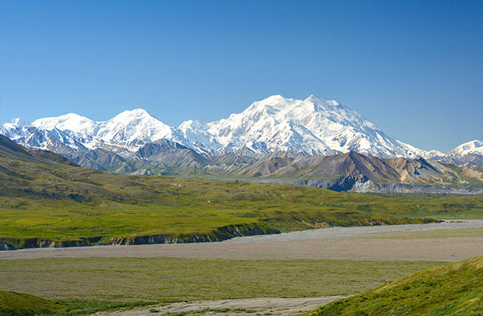 Bright greenery and small brown mountains leading up to the large white mountains of Denali National Park.