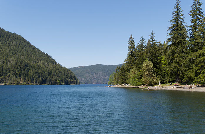 The blue waters of the Inland Passage surrounded by thick green forests on each side, and mountains in the distance.