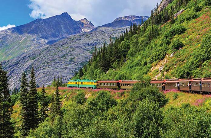 A train with two green and yellow cars in the front and four black cars in the back on White Pass Railroad in Skagway, surrounded by rocky mountains and vast greenery.