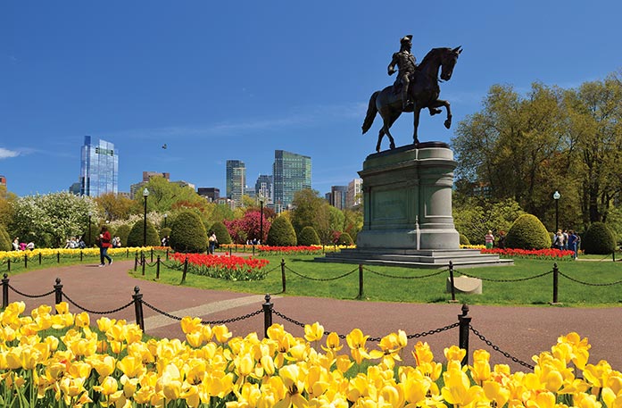 A view of the Boston cityscape from the Boston Public Garden, where the George Washington Statue, a statue of a man riding a horse and skyscrapers along the horizon, is in the center of a freshly cut circle of grass surrounded by black railings and perfectly placed tall red flowers. There is a dull red, circular path surrounding the grass, with black railings and tall yellow flowers surrounding th