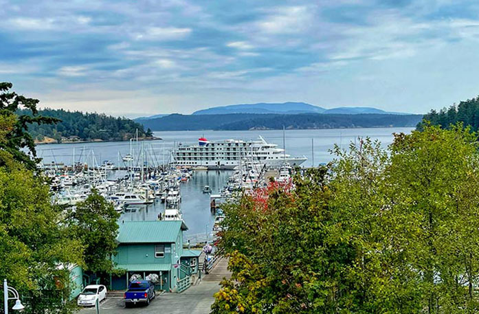 A Constellation Class Coastal Cruise Ship docked in Friday Harbor among several small boats. There is a ramp leading up to the water with a small teal building and full green trees at the top. The silhouette of mountains are in the far distance.