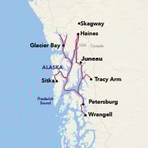 Map showing an Alaska Inside Passage cruise round-trip from Juneau, visiting Haines, Skagway, Glacier Bay, Tracy Arm, Sitka, Petersburg, and Wrangell