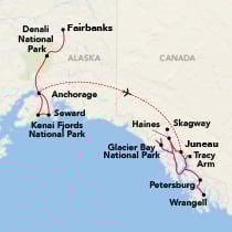 Map showing an Alaskan cruise and land combination journey between Fairbanks and Juneau, visiting Denali National Park, Talkeetna, Seward, Anchorage, Kenai Fjords National Park, Skagway, Haines, Glacier Bay National Park, Sitka, Tracy Arm, Petersburg, and Wrangell