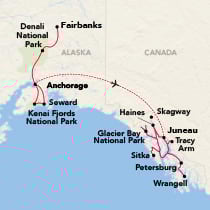 Map showing an Alaskan cruise and land combination cruise between Fairbanks and Juneau, visiting Denali National Park, Anchorage, Seward, Kenai Fjords National Park, Haines, Glacier Bay National Park, Skagway, Sitka, Petersburg, Tracy Arm, and Wrangell