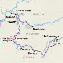 Map showing a Tennessee River cruise between Chattanooga and Nashville, visiting Decatur, Florence, Savannah, Paducah, and Grand Rivers
