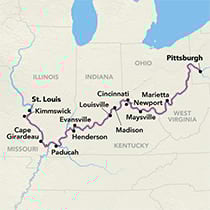 Map showing an Ohio River cruise between Pittsburgh and St. Louis, visiting Wheeling, Moundsville, Marietta, Maysville, Newport, Cincinnati, Louisville, Evansville, Henderson, Paducah, Cape Girardeau, and Kimmswick