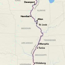 Map showing a Mississippi River cruise between St. Paul and New Orleans, visiting Minneapolis, Red Wing, La Crosse, Dubuque, Davenport, Hannibal, Alton, St. Louis, Memphis, Natchez, and Baton Rouge