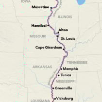 Map showing a Mississippi River cruise between New Orleans and St. Paul, visiting Oak Alley, Houmas House, Baton Rouge, St. Francisville, Natchez, Vicksburg, Greenville, Tunica, Memphis, Cape Girardeau, St. Louis, Alton, Hannibal, Muscatine, Dubuque, Winona, Red Wing, and Minneapolis