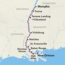 Map showing a Mississippi River cruise between New Orleans and Memphis, visiting Oak Alley, Houmas House, Baton Rouge, St. Francisville, Natchez, Vicksburg, Cleveland, Terrene Landing, and Tunica