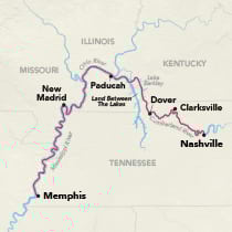 Map showing a Mississippi River cruise between Memphis and Nashville, visiting New Madrid, Paducah, Dover, and Clarksville