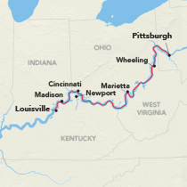 Map showing an Ohio River cruise between Louisville and Pittsburgh, visiting Madison, Cincinnati, Newport, Maysville, Marietta, and Wheeling