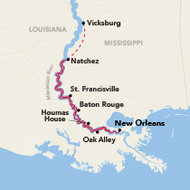 Map showing a Mississippi River cruise round-trip from New Orleans, visiting Oak Alley, Houmas House, Baton Rouge, St. Francisville, Vicksburg, and Natchez