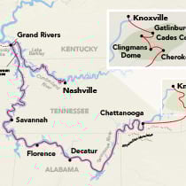Map showing a Mississippi River cruise between Knoxville and Nashville, visiting Chattanooga, Decatur, Florence, Savannah, and Paducah