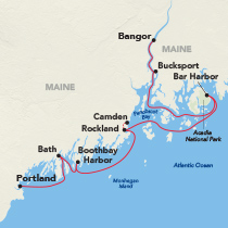Map showing a Maine Coast cruise between Portland and Bangor, visiting Bath, Boothbay Harbor, Rockland, Camden, Belfast, Bar Harbor, Castine, and Bucksport