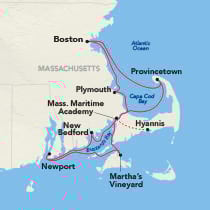 Map showing a New England Coast cruise round-trip from Boston, visiting Provincetown, Plymouth, Hyannis, Massachusetts Maritime Academy, New Bedford, Newport, and Martha's Vineyard