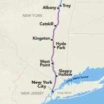 Map showing a Hudson River cruise between New York and Albany, visiting Sleepy Hollow, West Point, Hyde Park, Kingston, Catskill, and Troy