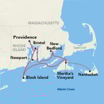 Map showing a New England Coast cruise round-trip from Providence, visiting Bristol, Newport, Block Island, New Bedford, Martha's Vineyard, and Nantucket