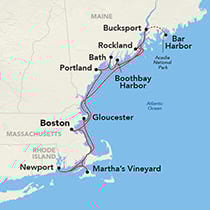 Map showing a New England Coast cruise round-trip from Boston, visiting Newport, Martha's Vineyard, Gloucester, Portland, Bath, Boothbay Harbor, Rockland, Bucksport, and Bar Harbor
