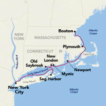 Map showing a New England Coast cruise between Boston and New York, visiting Plymouth, Newport, Mystic, New London, Old Saybrook, and Sag Harbor