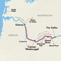 Map showing a Columbia & Snake River cruise between Kalama and The Dalles, visiting Mount St. Helens, Portland, Camas-Washougal, Hood River, Multnomah Falls, and Mount Hood