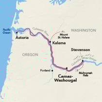 Map showing a Columbia & Snake River cruise round-trip from Portland, visiting Astoria, Kalama, and Stevenson.