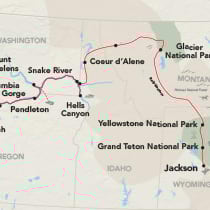 Map showing a Columbia & Snake River cruise and land combination journey between Portland and Jackson, visiting Fort Clatsop, Multnomah Falls, Mount St. Helens, Columbia River Gorge, Pendleton, Hells Canyon, Coeur d'Alene, and Yellowstone, Glacier, and Grand Teton National Parks