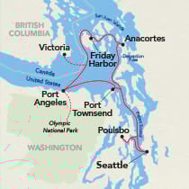 Map showing a Puget Sound cruise round-trip from Seattle, visiting Poulsbo, Port Townsend, Port Angeles, Victoria, Friday Harbor, and Anacortes