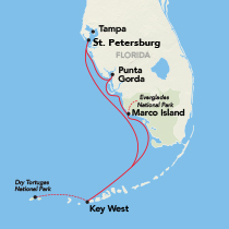 Map showing a Florida Gulf Coast cruise round-trip from St. Petersburg, visiting Punta Gorda, Marco Island, and Key West