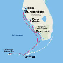 Map showing a Florida Gulf Coast cruise round-trip from St. Petersburg, visiting Punta Gorda, Marco Island, and Key West