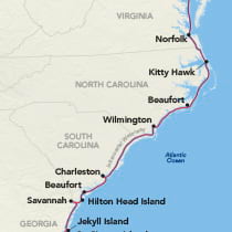 Map showing an East Coast Inland Passage cruise between Baltimore and Amelia Island, visiting Washington, D.C., St. Michaels, Norfolk, Kitty Hawk, Beaufort, Wilmington, Charleston, Savannah, Hilton Head Island, Jekyll Island, St. Simons Island, and Amelia Island
