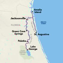 Map showing a Florida Intracoastal and river cruise round-trip from Jacksonville, visiting Amelia Island, St. Augustine, Green Cove Springs, Palatka, and Lake George