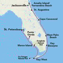 Map showing a Florida Gulf Coast cruise between Jacksonville and St. Petersburg, visiting Amelia Island, Fernandina Beach, St. Augustine, Cape Canaveral, West Palm Beach, Key Biscayne, Key West, Dry Tortugas National Park, Marco Island, and Punta Gorda