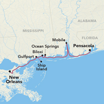 Map showing a Gulf Coast cruise between New Orleans and Pensacola, visiting Ship Island, Biloxi, Ocean Springs, Pascagoula, and Mobile