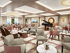 The River Lounge, a common area on American Encore with several small tables with grey and red armchairs surrounding them on red and white patterned carpet. Along the center part of the back wall, there is a grand piano. There are also floor-to-ceiling windows on the left wall with views of the Columbia River.